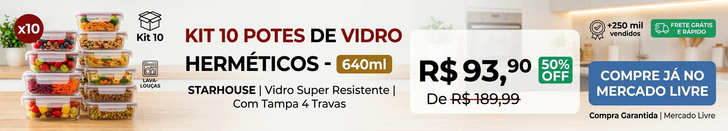 Kit 10 Potes Herméticos Vidro 640ml