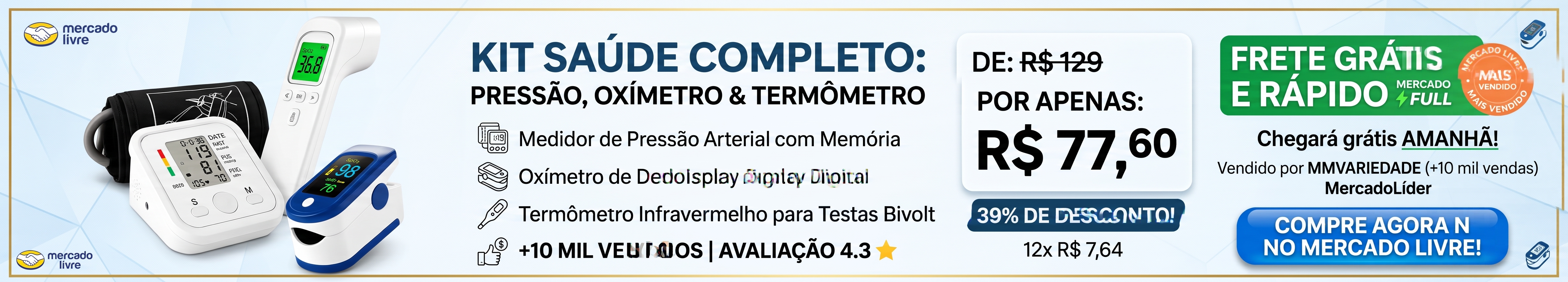 Kit Monitor de Pressão Digital e Oxímetro com Termômetro Infravermelho para Testas